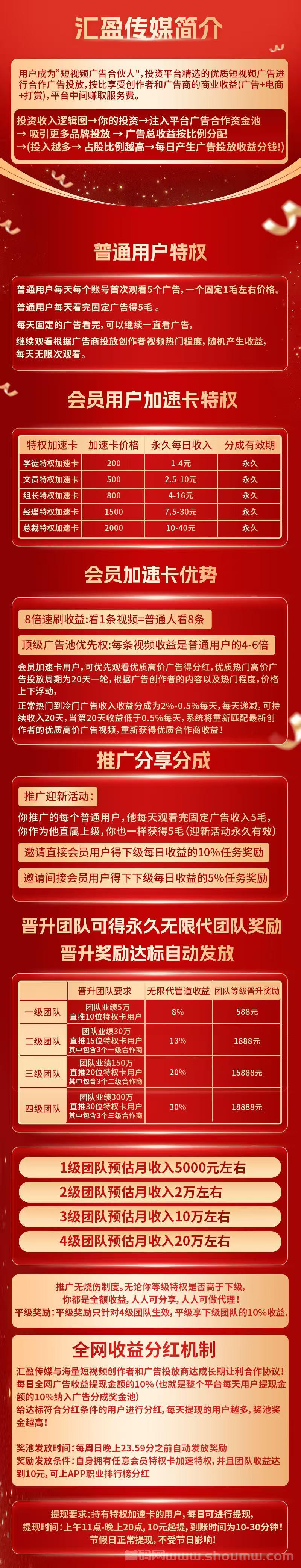 【汇盈传媒】可撸，可投，每天5个广告，招募10个团队长，重点扶持！