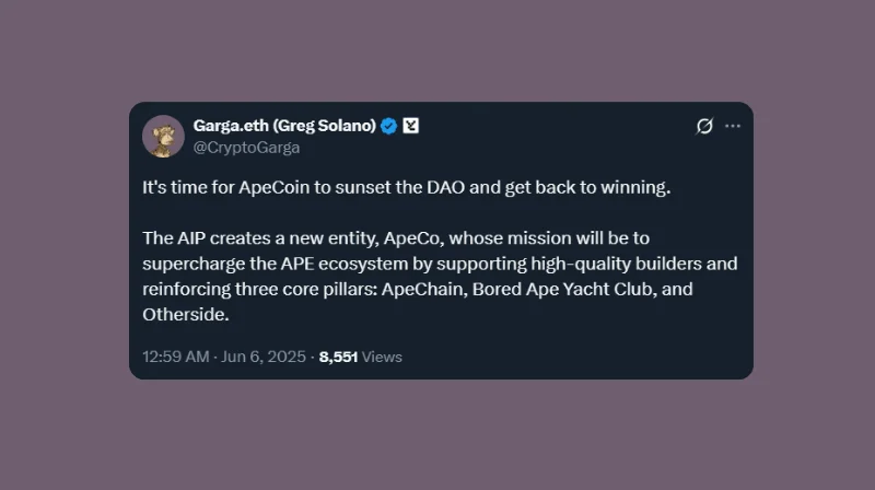 Yuga Labs 首席执行官 Greg Solano 提议解散 ApeCoin DAO Yuga Labs 首席执行官 Greg Solano 提议解散 ApeCoin DAO